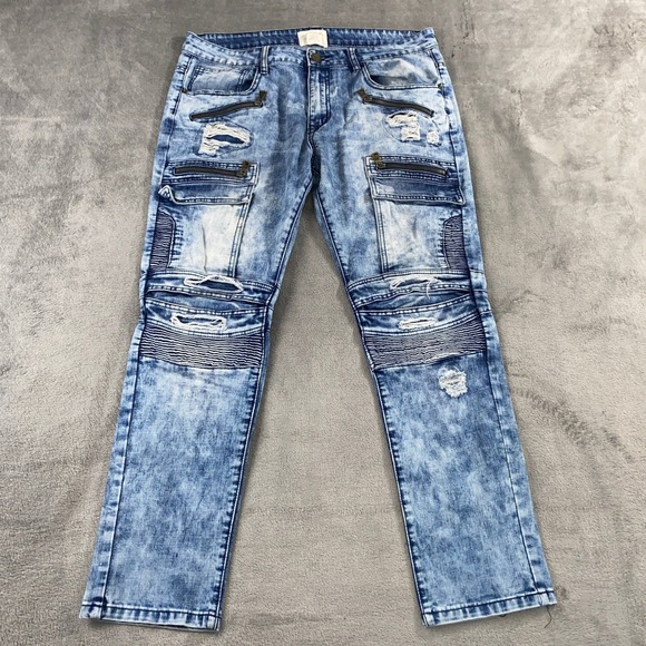 Smoke Rise Other - Smoke Rise Moto Jeans Mens 36 Blue Acid Wash Distressed Biker Cargo Slim Pants